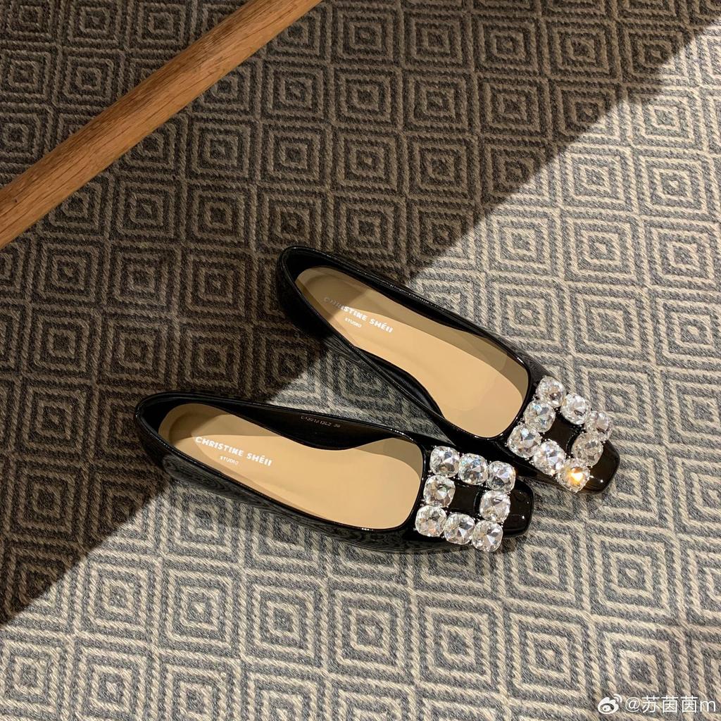 Genuine Leather! Square Head Square Buckle Rhinestone Shallow Mouth Thick Heel Commuting Single Shoes Women's Wedding Shoes