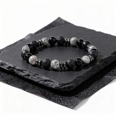 Festive Gifts Black Onyx Lava Rock Map Stone And Hematite Beaded Bracelet Bold Fashion Jewelry For Men Daily Wear Simple Versatile Accessory