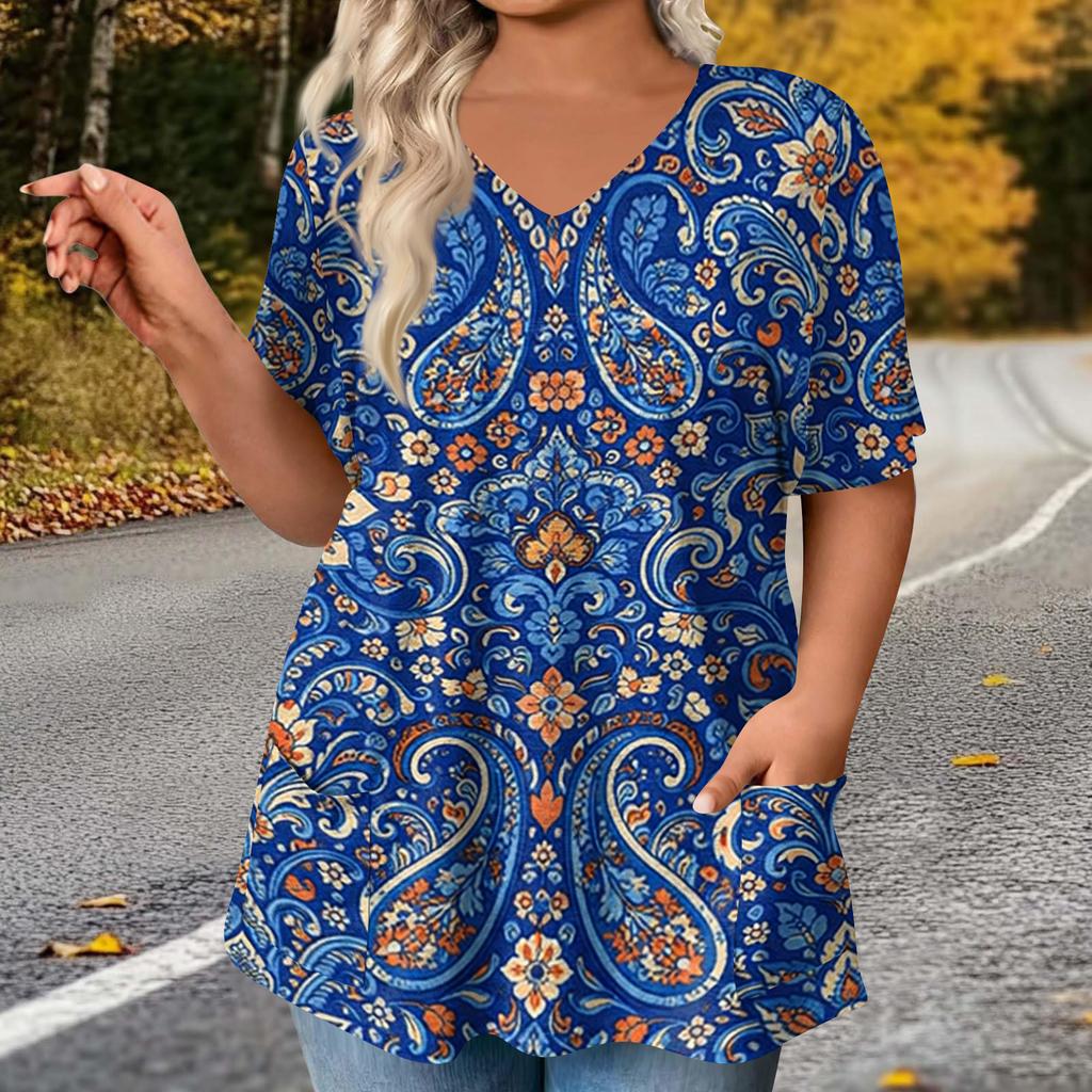 Women's Fashion Plus Size Printed Short Sleeve Blouse For Elegant Commuting And Casual Wear