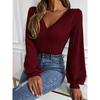 2025 Autumn/Winter Women's Solid Color V-Neck Ribbed Puff Sleeve Top