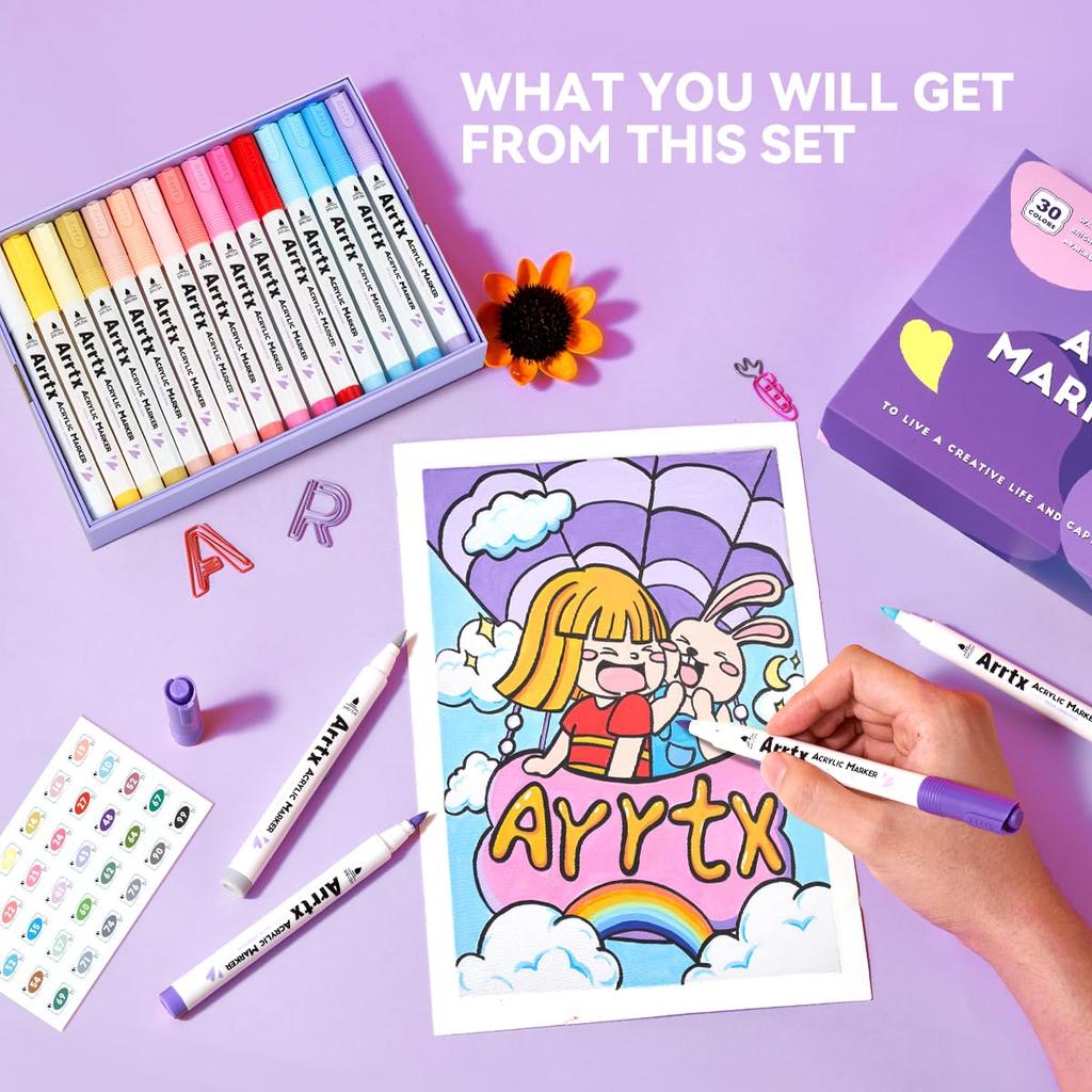 Arrtx Acrylic Paint Pen 30 Brush Tip Acrylic Marker Pen for Rock Fabric and DIY Projects Colors, Painting, Wood, Glass, Canvas, Metal, Plastic, (A)