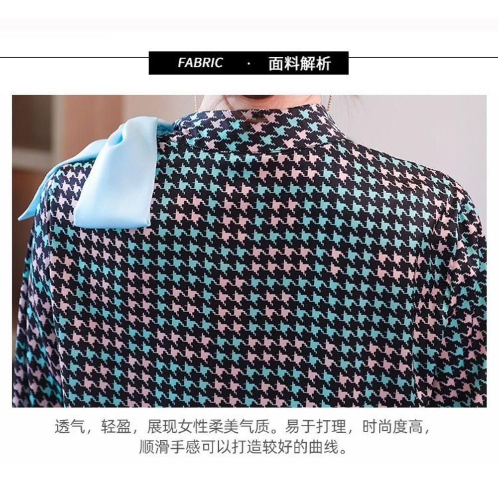 Fashionable and Small Stand-up Collar Shirt for Women Long Sleeve Houndstooth Print Contrasting Bow Tie