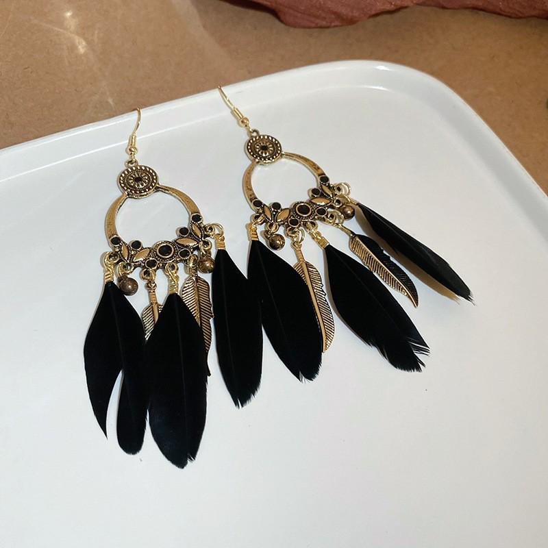 Bohemian Feather Seed Bead Tassel Earrings - Retro Ethnic Dangle Jewelry