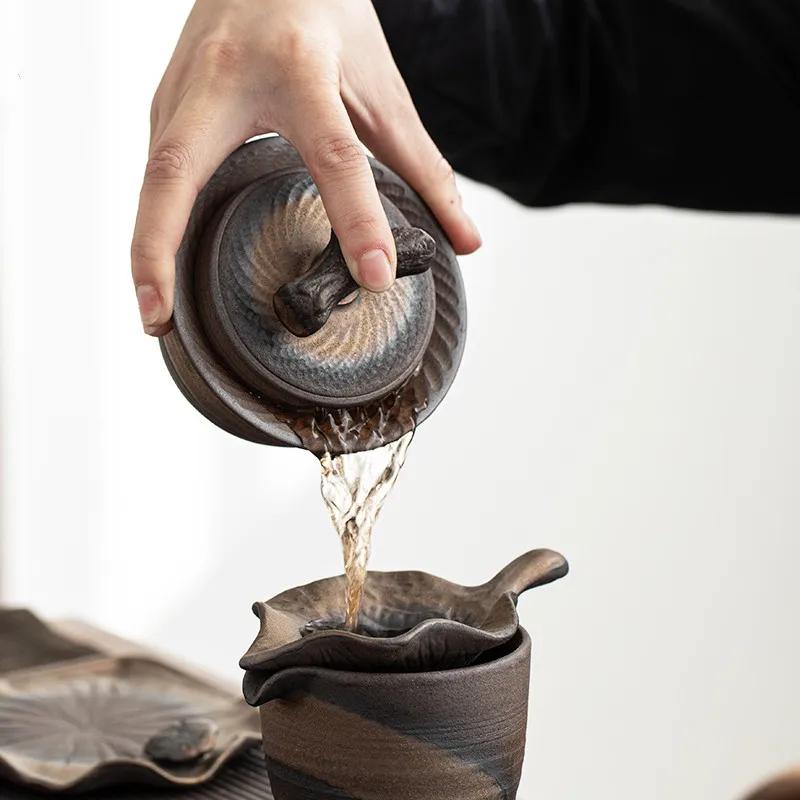 Chinese Rough Pottery Gaiwan Teacup Retro Handmade Ceramic Tea Tureen Household Tea Maker Travel Portable Teaware Accessories