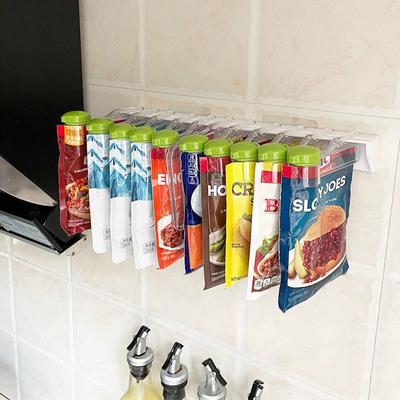 Wall-Mounted Spice Bag Storage Rack Punch-Free Seasoning Bag Organizer Holder Shelf Spice Sealing Clips Stand