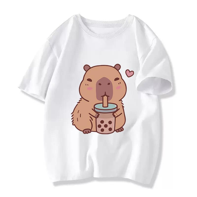 Cute Capybara Cotton T Shirt For Kids Girls Anime Short Sleeves O Neck Comfortable Tees Tops Summer Girl Clothes Gift