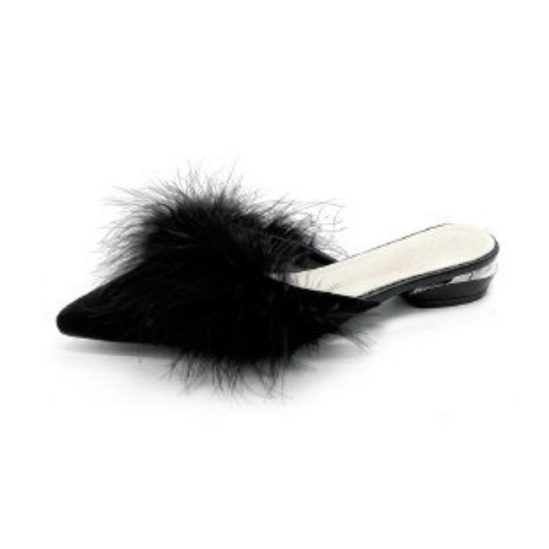 Pointed-toed fluffy shoes wearing bag-headed slippers for women's spring and autumn new large-size thick-heeled lazy half-slippers