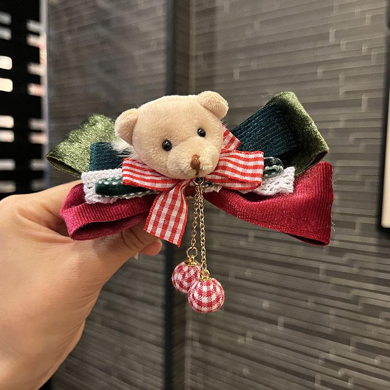 Vintage Christmas Bear Headband & Bow Clip Set: European-American Style Princess Hair Accessories
