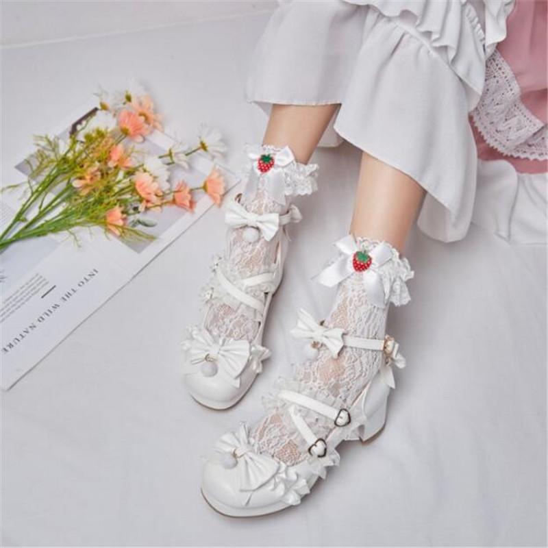 Cross Strap Girls High Heels Women Mary Jane Pumps Wedding Party Shoes Sweet Ruffles Bow Princess Cosplay Lolita Shoes 29-43