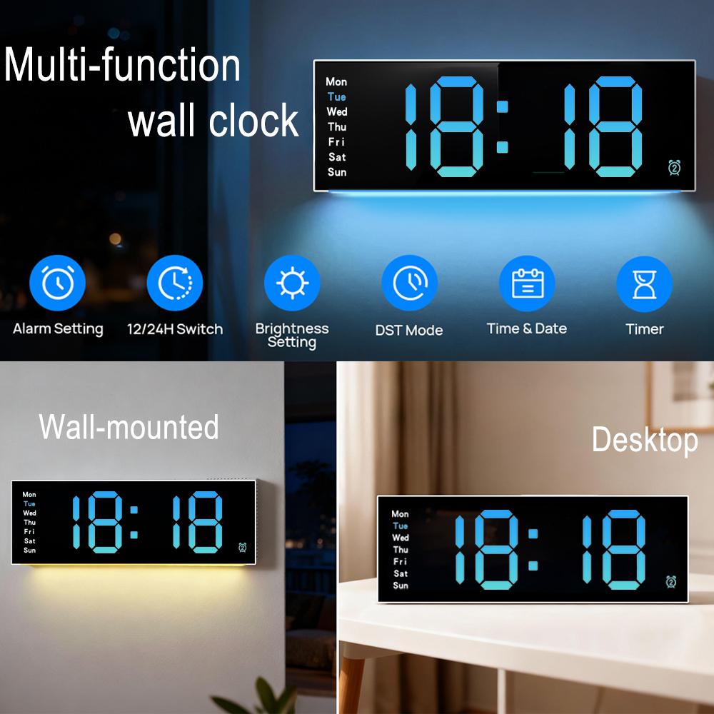LED Wall Clock Digital Alarm Clock with Remote Control Night Light Mood Lighting for Living Room Classroom Office Home Decor