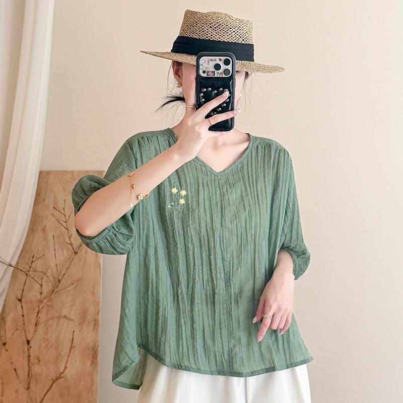 DIMANAF 2026 Summer New Plus Size Women Blouse Shirt Vintage Embroidery Loose Cotton Linen Casual Lady Tops