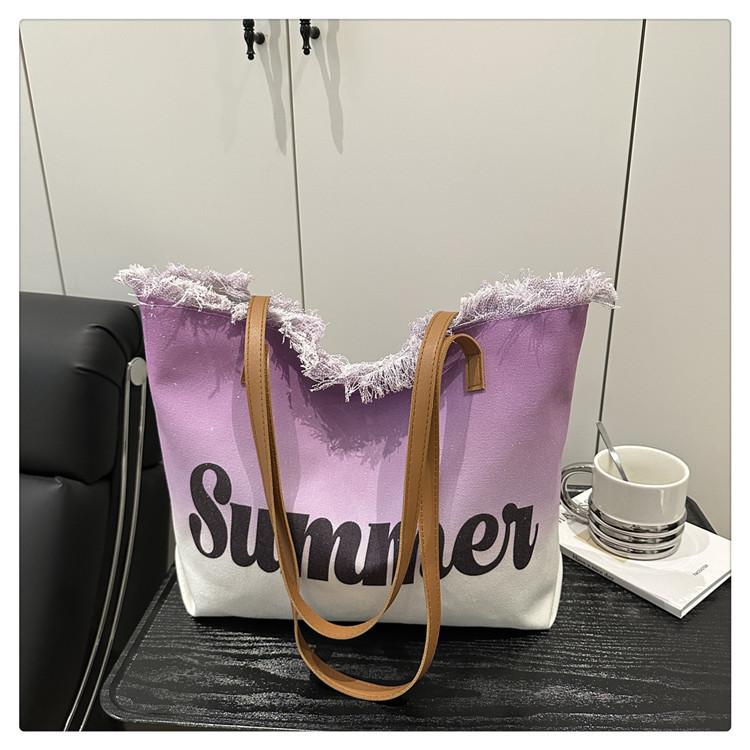 Summer Large Capacity Women Canvas Shoulder Bags Casual Tassel Design Ladies Beach Tote Bag Ctrast Color Letter Female Handbag