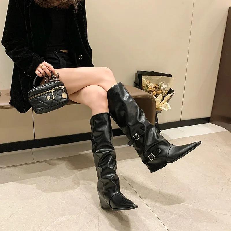 Women Trend Boots Temperament Pointe Leather Boots Quality Belt Buckle Knight Boot Lady Knee-high Boot Pleated Design Long Boots