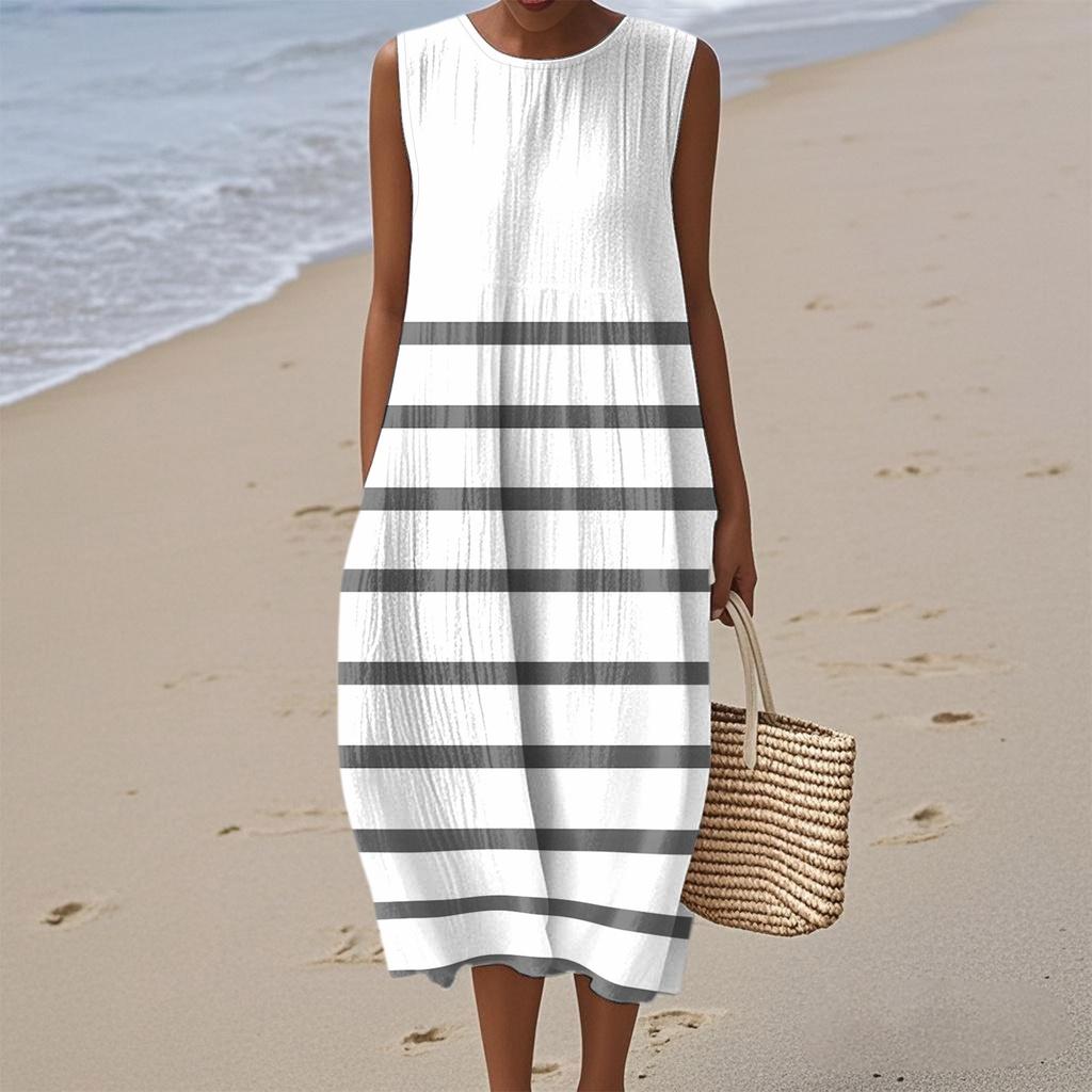 Dámské módní ležérní šaty bez rukávů s kulatým výstřihem, s puntíky a pruhy, elegantní a temperamentní