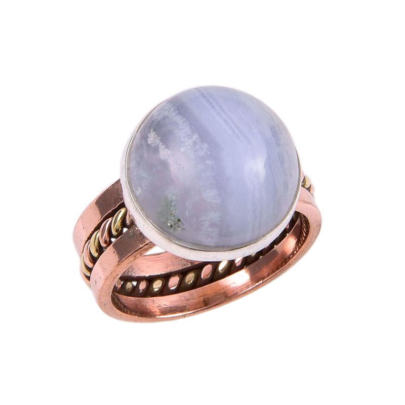 Přírodní modrý krajkový achát Drahokam 925 Pevné sterlingové stříbro Dvoubarevný prsten S.6 b8s33