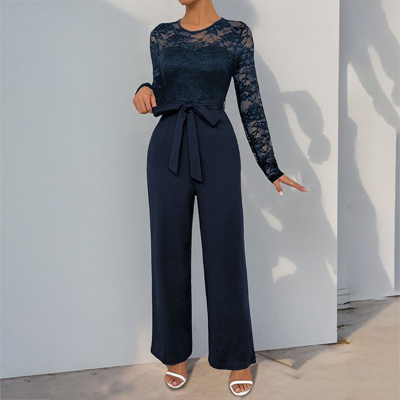 Fashion Women Jumpsuit Ladies Clothes Lace Stitching Zip-up Lace up Jumpsuit