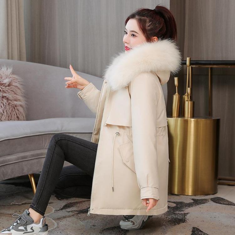 Thickened Loose Fitting Large Collar Plush Parka Jacket for Women Winter New
