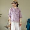 Summer literary and retro embroidered cotton and linen top seven-quarter sleeve ethnic style splicing shirt women's temperament
