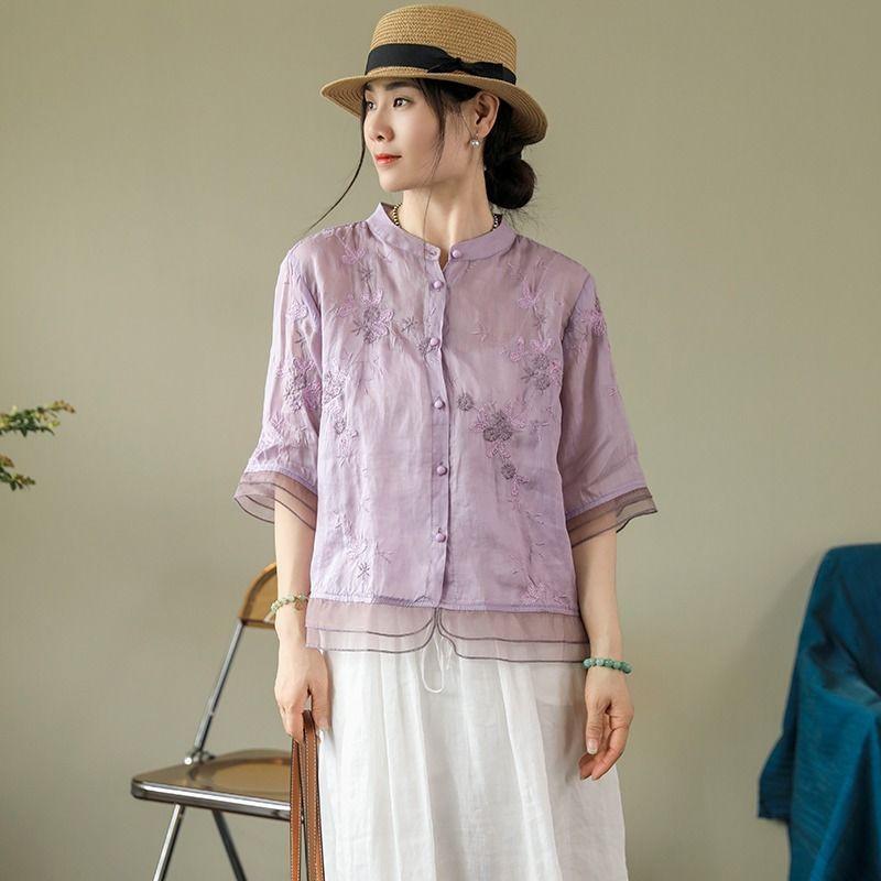 Summer literary and retro embroidered cotton and linen top seven-quarter sleeve ethnic style splicing shirt women's temperament