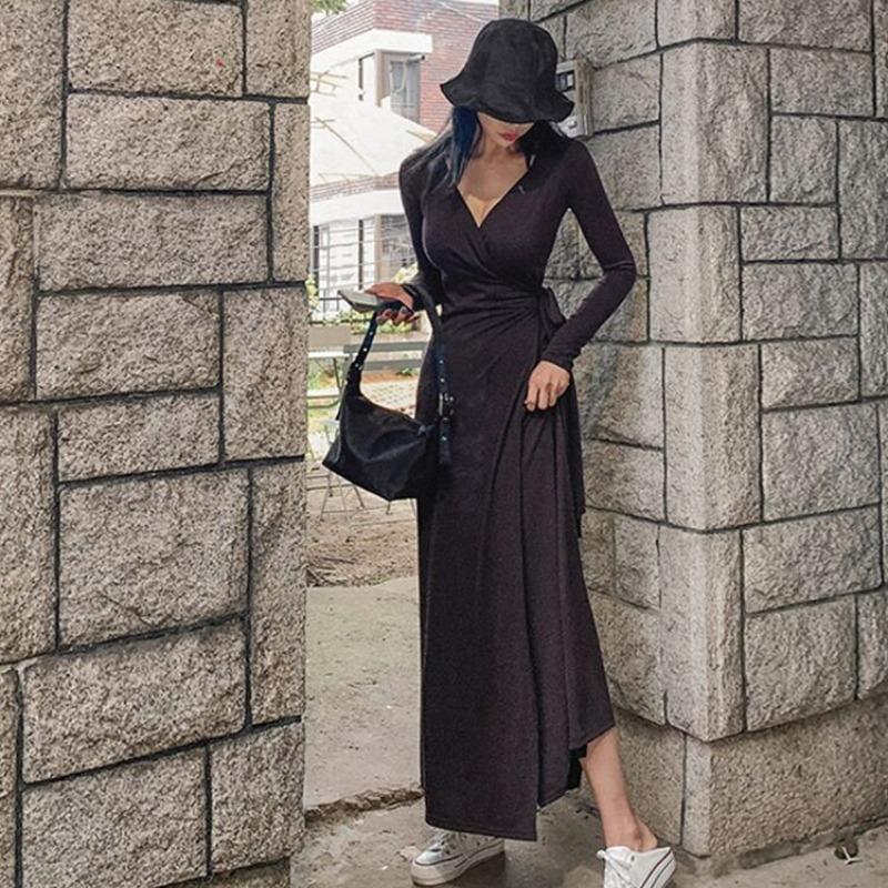 

Весеннее новое длинное платье с V-образным вырезом и длинным рукавом, элегантное, женское, модное, темпераментное, сексуальное, для вечеринок, повседневные платья, модное, завязанное, длинное платье 25991 2XL чёрный