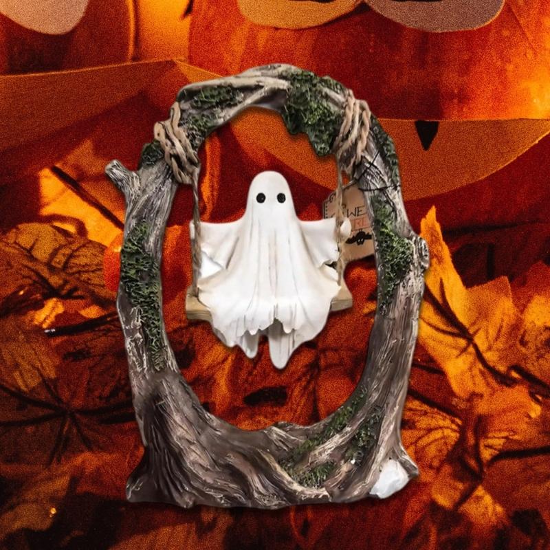 Ghosty on a Tree Swing Resin Ghosty Figurines Garden Decors Halloween Decorations for Desktop Bookshelf Garden Lawn