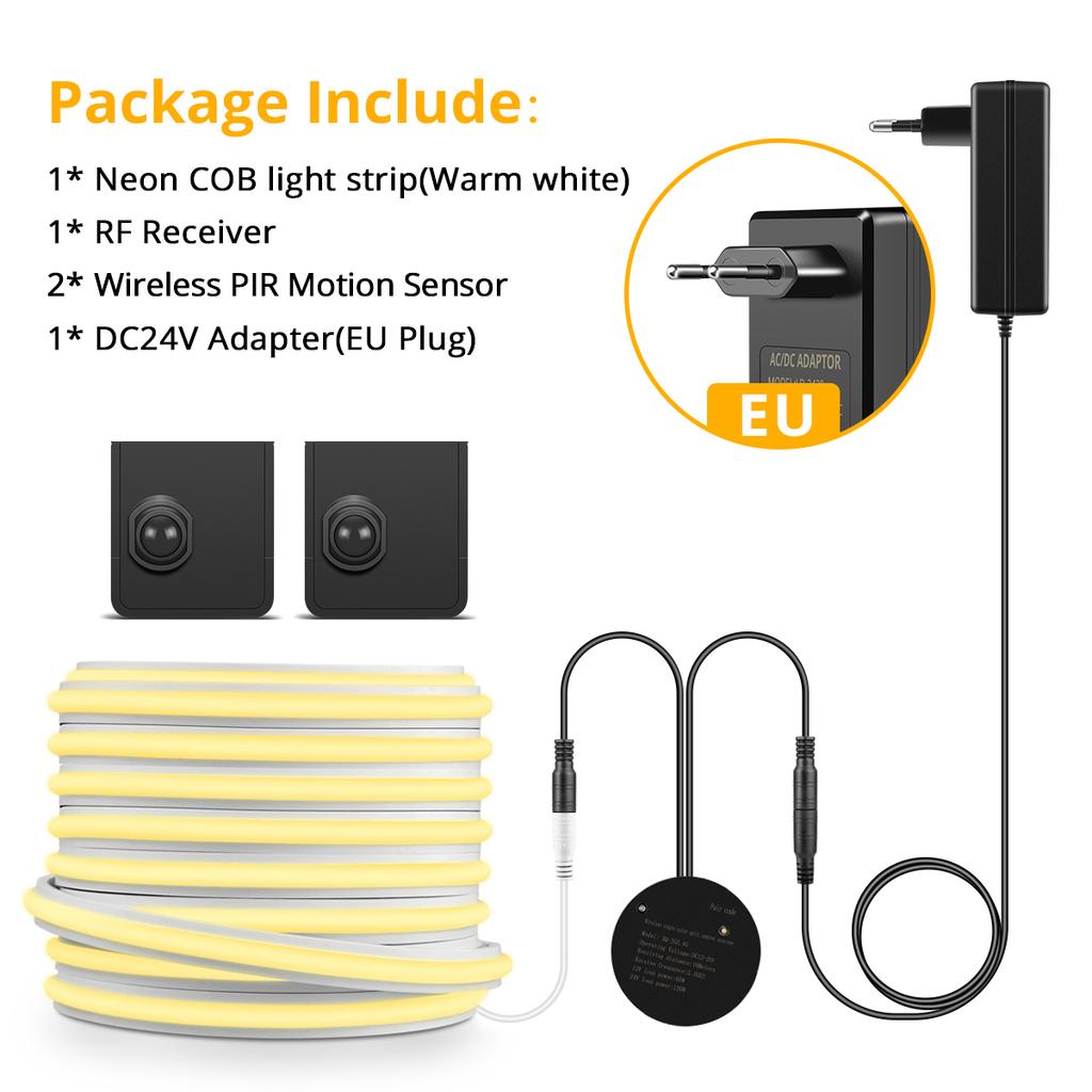 Tira de Luz Nocturna Inteligente para Pasillo de Escalera de Entrada 24V Silicona Sólida COB LED Cinta de Neón Instalar en Cualquier Lugar Sensor de Movimiento PIR Portátil
