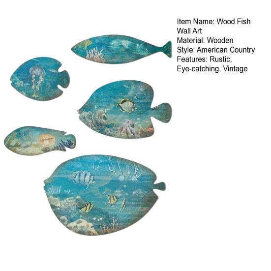 5 Pcs Wood Fish Nautical Wall Decor Rustic Blue Fish Wooden Wall Art Coastal Beach Hanging Sculpture for Home Lake House Bathroom Decor