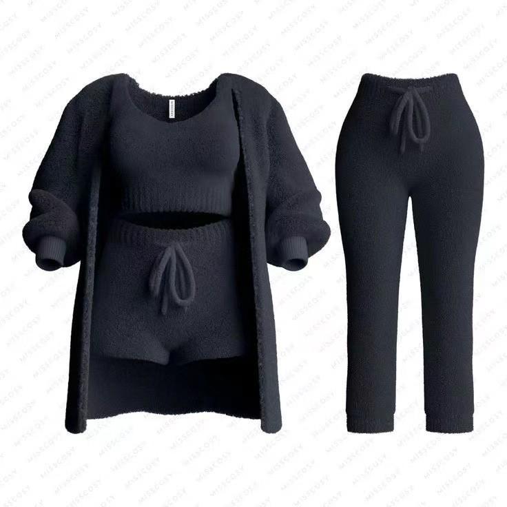 European & American Women's Solid Color Long Sleeve Plush Suit - Autumn/Winter Fashion Casualwear