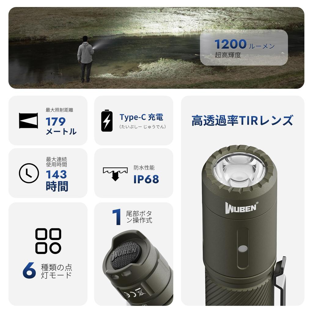 Wuben C3 Powerful 1200 6 Dimming IP68 Up To 143 Hours Run Emergency and Evacuation Flashlight, Lumens, Compact, Rechargeable, Modes, Waterproof, Time,