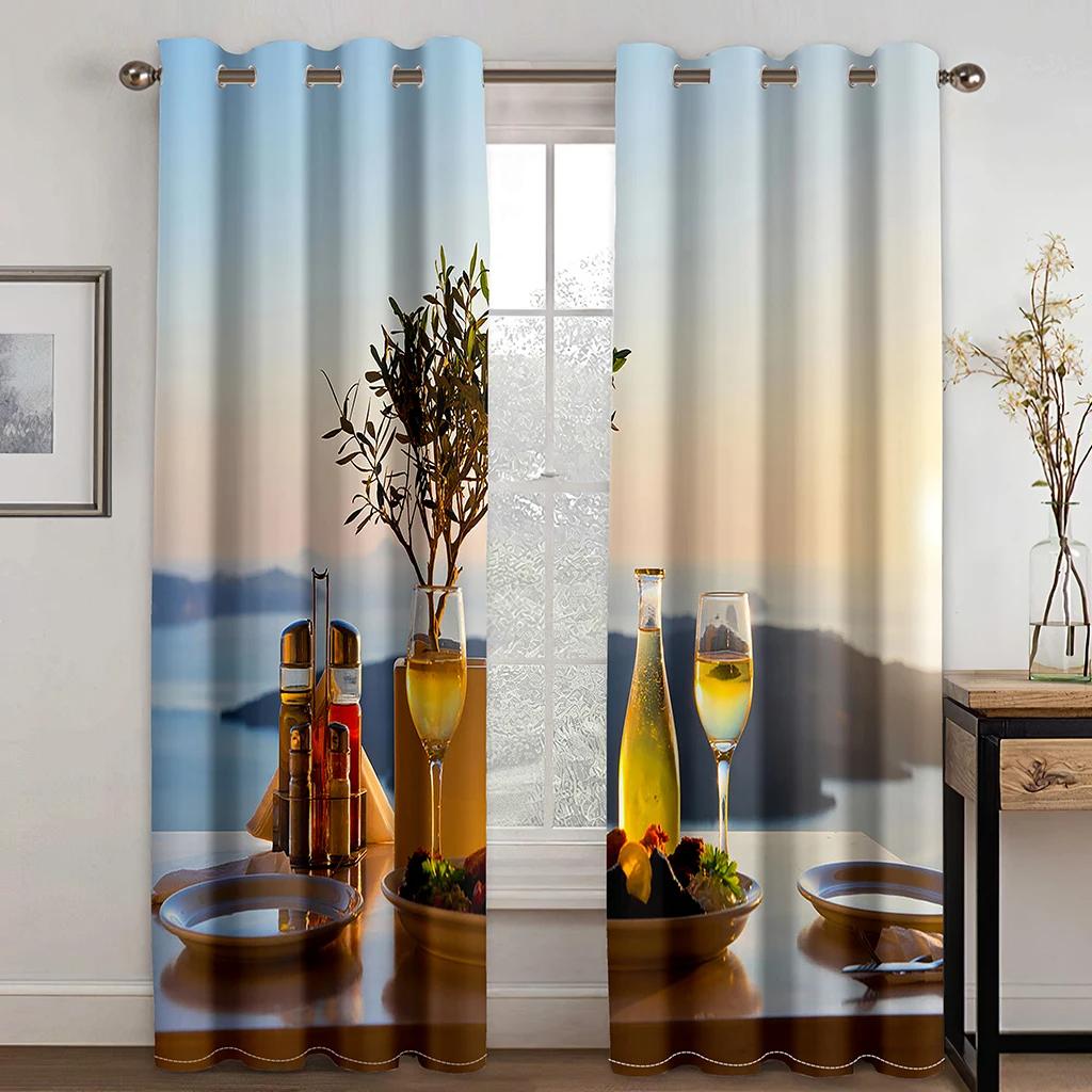 Vacation Style High Shading Curtain Aegean Sea Santorini Island Beach Blackout Curtains for Bedroom Living Room Hotel Window