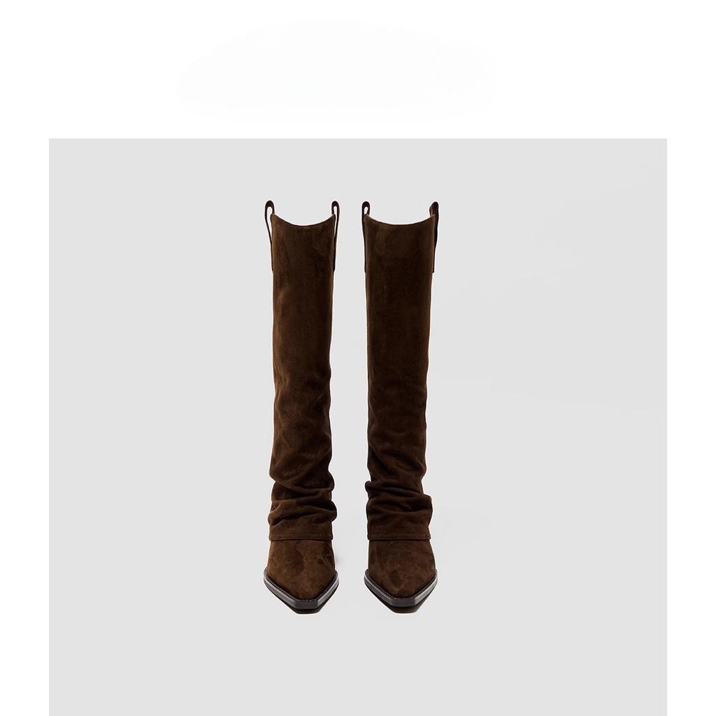 Brown pile boots women's 2025 autumn and winter new tall pleated knight boots pointed thick heel western cowboy boots