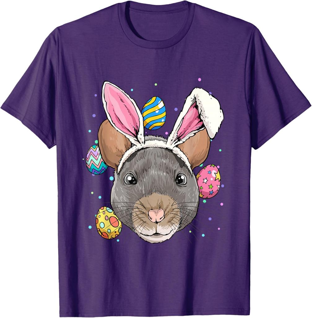 Rat Wearing Bunny Ears Easter Graphic Tee Funny Rodent Lover Casual T-Shirt