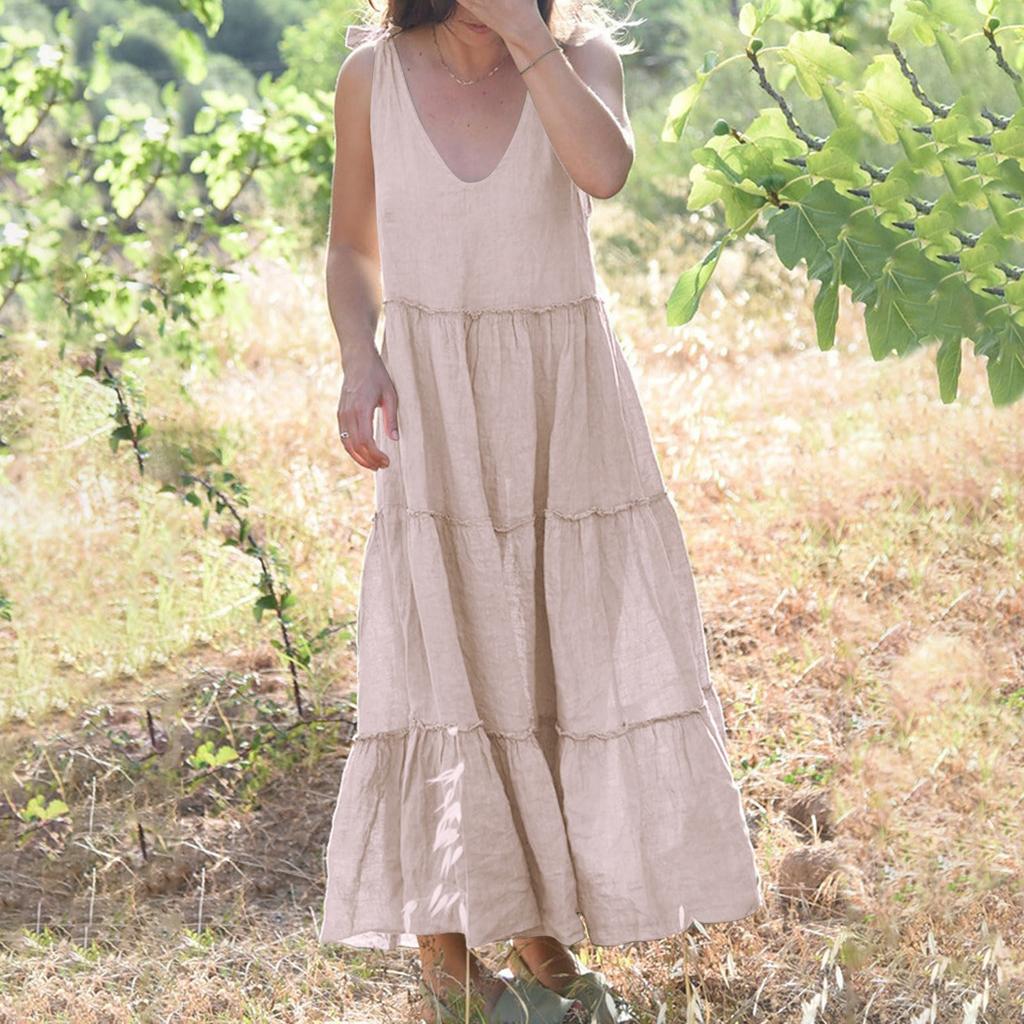 Women's Cotton And Linen Dress Women Sexy Tie Shoulder Cami Dress Casual Loose Sleeveless  Ruched Layered Flowy Dress