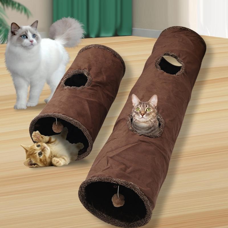 Collapsible Cat Tunnel Toy with Dangling Toy Playtube Crinkle Plush Foldable Tunnel for Indoor Kitten Rabbit