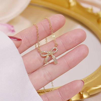 Exquisite Copper Inlaid Zirconium Sweet Bow Pendant Necklace  Real Gold Plated Sexy Women Prom Party Necklace Korean Zircon
