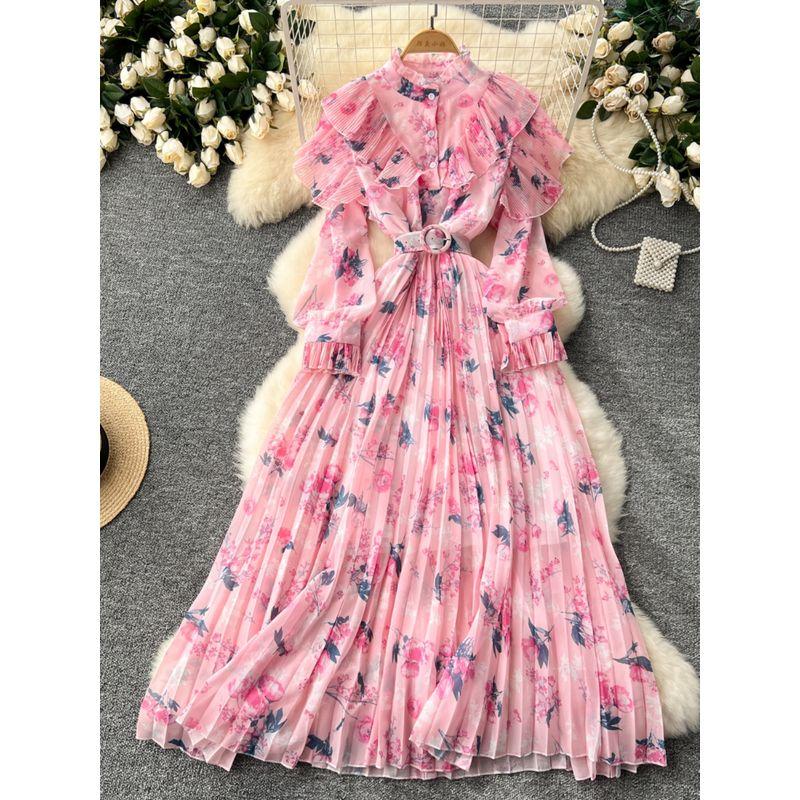 French Style Fancy Print Chiffon Dress Women's Ruffles Patchwork Waist-Slimming Slim Looking Elegant Elegance Pleated Dress