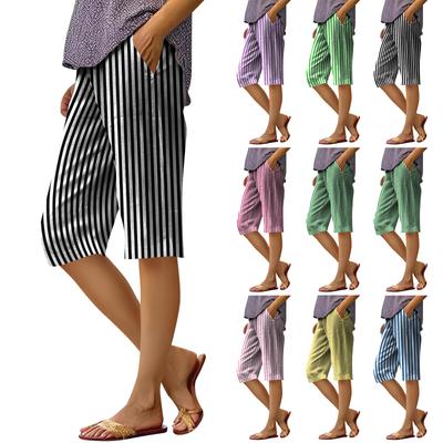 Knelange, løstsittende shorts for kvinner med vertikale striper, uformelle, avslappede, elastisk linning, mykt stoff, bukser