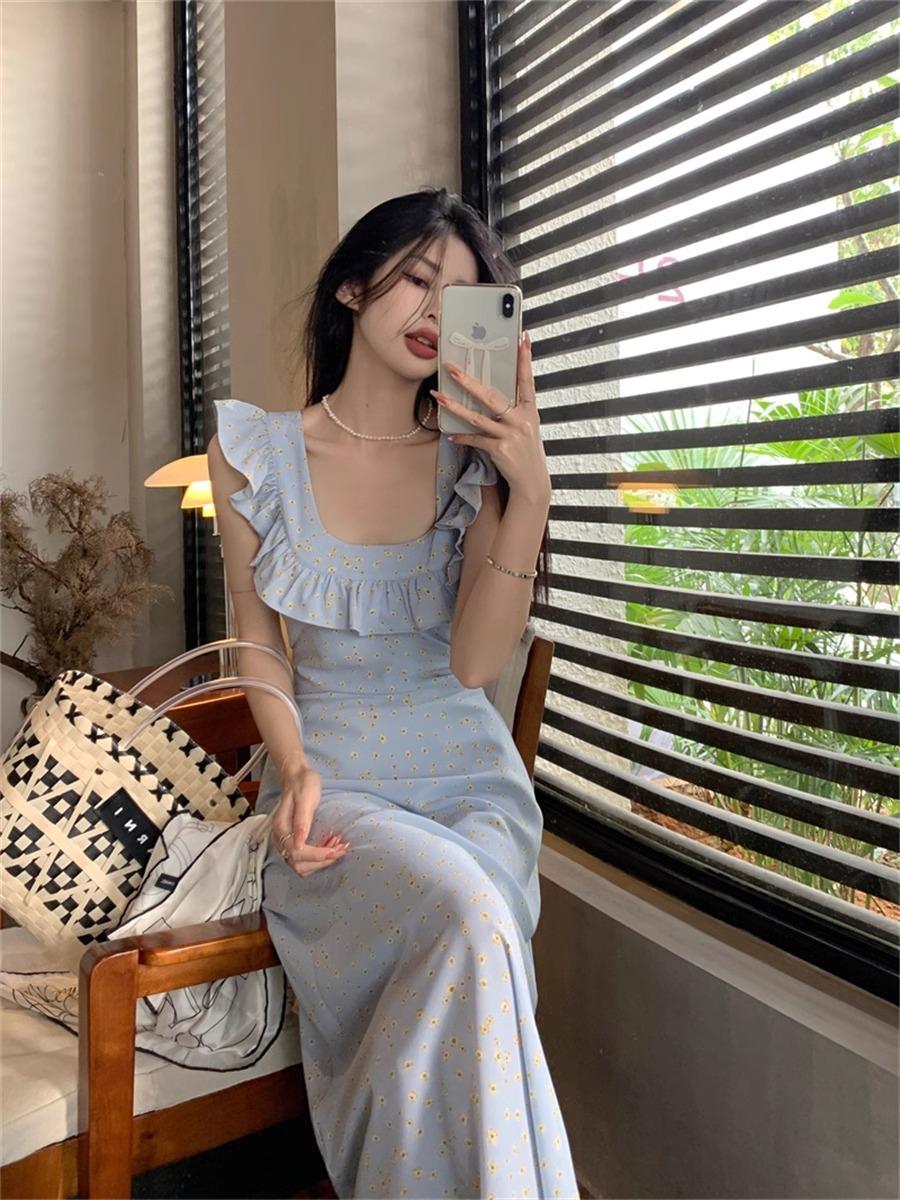 

Girls floral vacation lace temperament dress women s summer new square collar waist hip wrap thin dress S