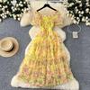 Tea Break Retro French Gentle Style Floral Chiffon Dress for Women with A Cinched Waist and A One Shoulder Puff Sleeve Mesh Skirt