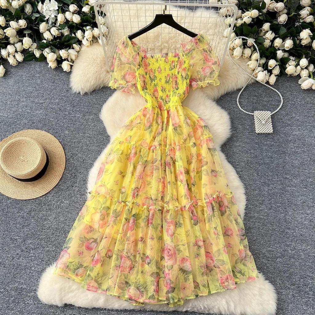 Tea Break Retro French Gentle Style Floral Chiffon Dress for Women with A Cinched Waist and A One Shoulder Puff Sleeve Mesh Skirt
