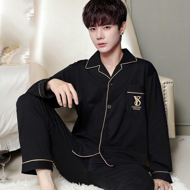 Bavlněné pánské pyžamo Vysoce kvalitní 2ks/sada Kardigan s dlouhým rukávem Domácí oblečení Černé pruhované kostkované noční prádlo