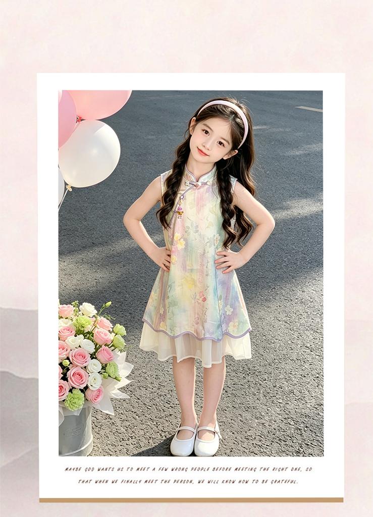 Girls' Summer Cheongsam Dress with Floral Print