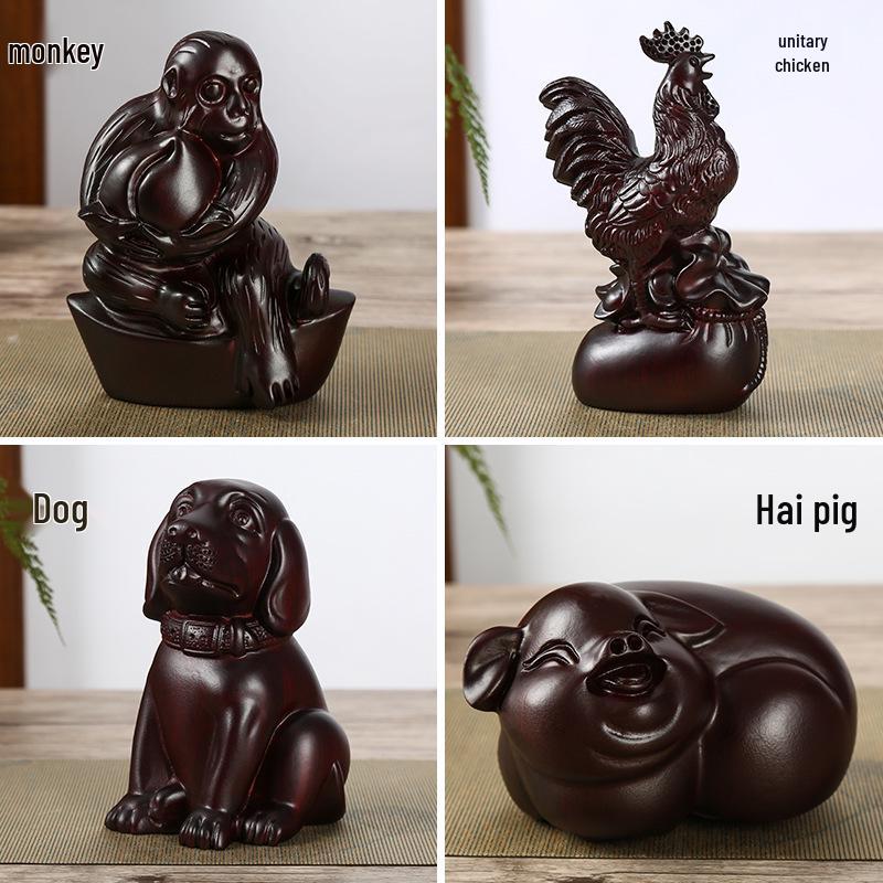Ebony Zodiac Animal Statues - Hand-Carved Wooden Ornaments 