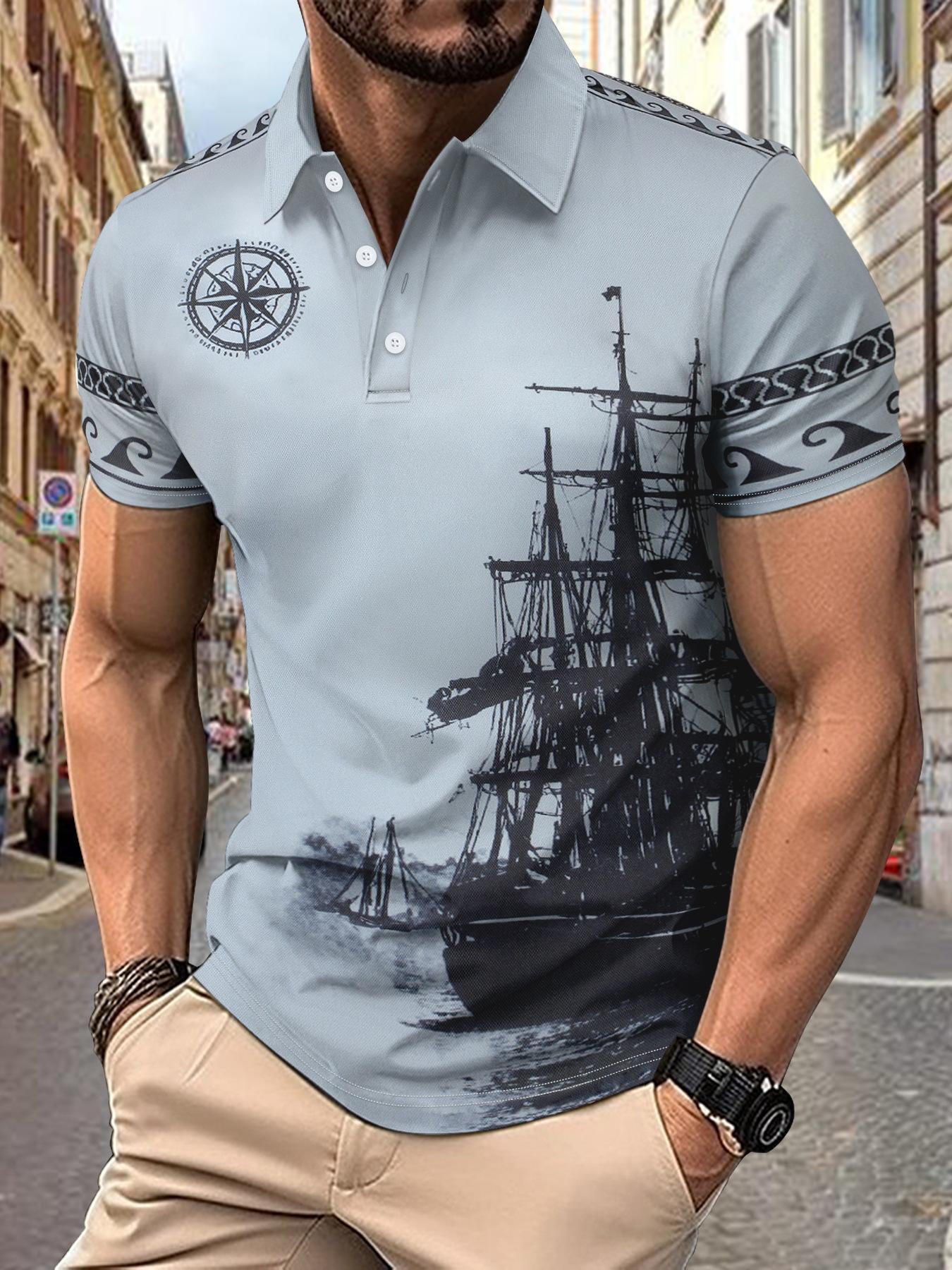 Men S Short Sleeve Polo Shirt Sailboat Print Casual Summer S серый