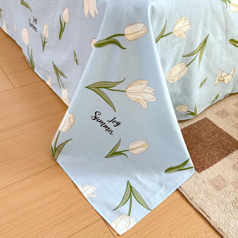 White Tulip Flower Flat Sheet Cotton Cartoon Bunny Blue Bed Sheet Set for Boys Girls Lovely Floral Rabbit Botanical Bed Cover