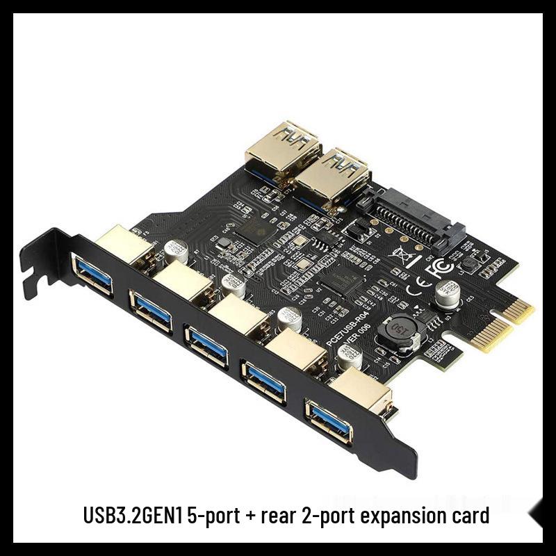 7-Port USB 3.2 Adapter Card with 5 External Ports + 19-Pin Front Panel, Dual-Core Host Controller, GEN1 5Gbps.