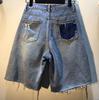 European Style High Waist Rhinestone Beaded Ripped Slimming Straight Mid-Length Pants