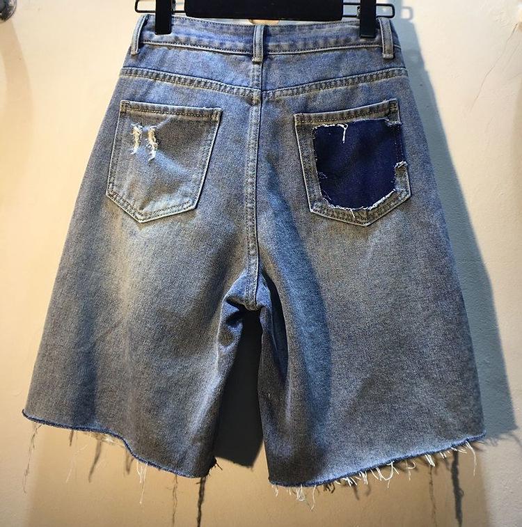 European Style High Waist Rhinestone Beaded Ripped Slimming Straight Mid-Length Pants