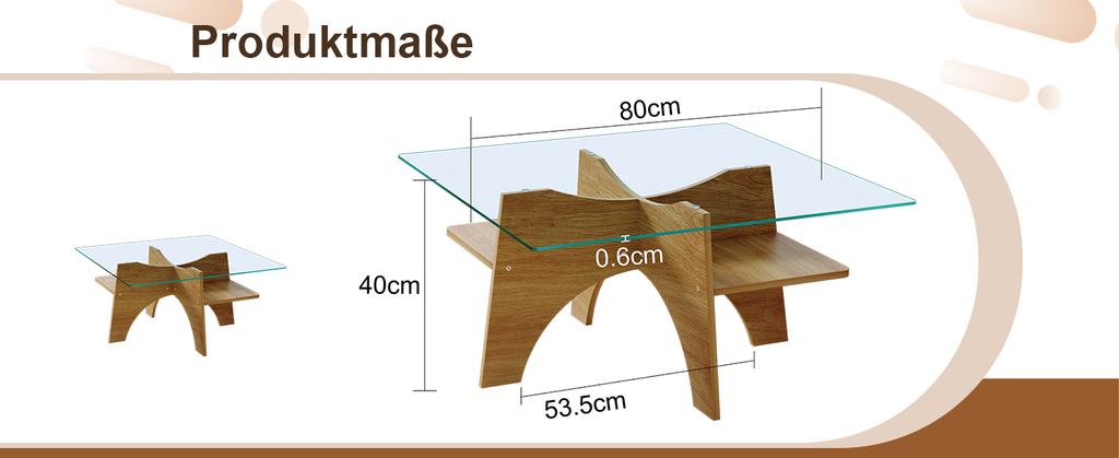 Modern Square Side Table Made of Safety Glass - 80 cm Side Length. Table Legs Made of MDF with Light Wood Veneer. Ideal for Dining Room, Living Room.