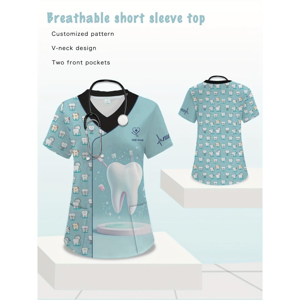 

New Surgical Uniform Woman Dentist Printed Pocket Short-Sleeve V-Neck T-Shirt Summer Comfortable Dental Uniforms Women Clothing S
